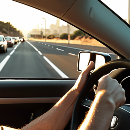 Home 4 **Image Prompt:** A stylized graphic of a driver confidently gripping the steering wheel, with a sunlit road stretching ahead. Faint outlines of road signs and cityscape are subtly incorporated into the background. Focus on conveying a sense of calm and control. The car should appear modern and well-maintained.