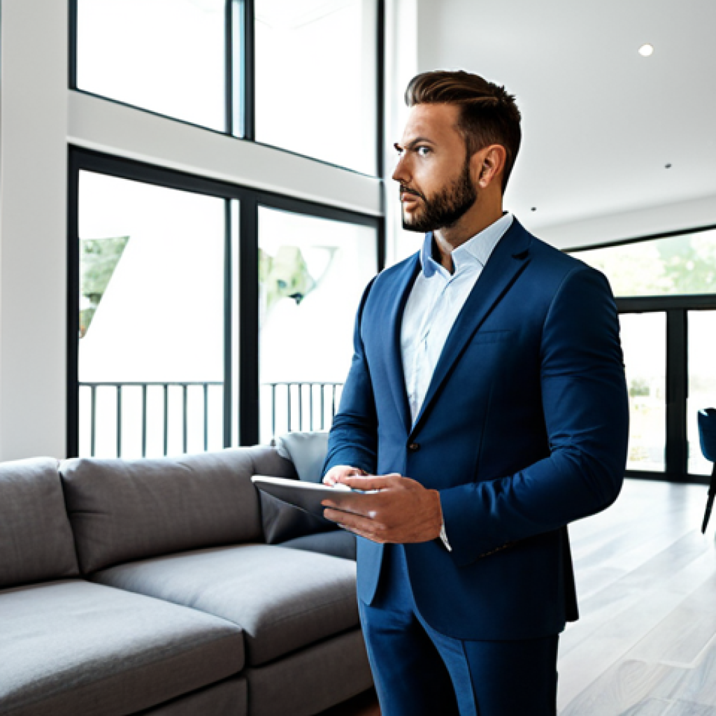 A professional real estate consultant in a modern, modest business suit, standing thoughtfully in the living room of a contemporary, well-lit house, observing architectural details with a focused expression. A tablet displaying a floor plan is held naturally in one hand. perfect anatomy, correct proportions, natural pose, well-formed hands, proper finger count, fully clothed, modest clothing, appropriate attire, professional dress, safe for work, appropriate content, professional, family-friendly, professional photography, high resolution, soft natural light.