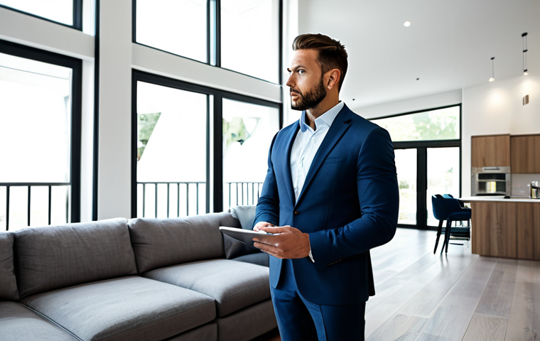 A professional real estate consultant in a modern, modest business suit, standing thoughtfully in the living room of a contemporary, well-lit house, observing architectural details with a focused expression. A tablet displaying a floor plan is held naturally in one hand. perfect anatomy, correct proportions, natural pose, well-formed hands, proper finger count, fully clothed, modest clothing, appropriate attire, professional dress, safe for work, appropriate content, professional, family-friendly, professional photography, high resolution, soft natural light.