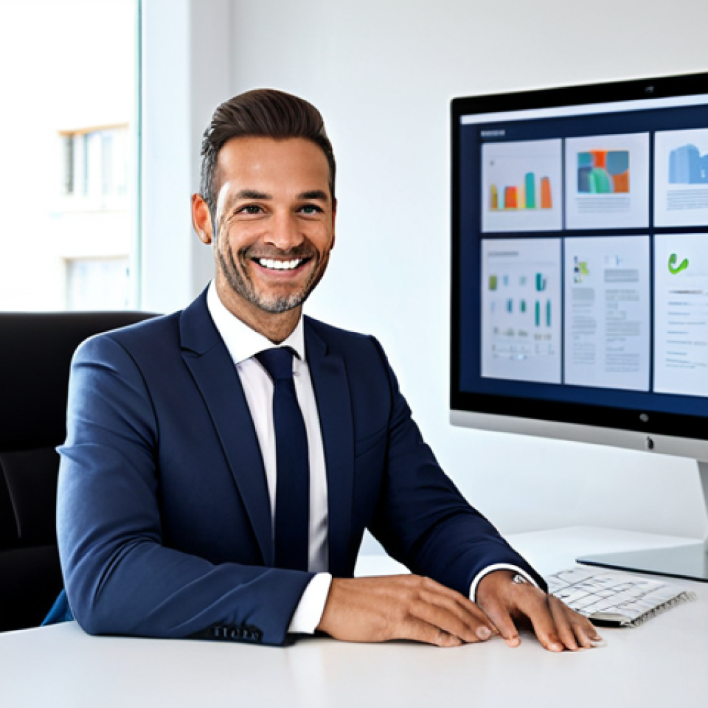 A professional French real estate agent, fully clothed in a modest business suit, seated at a sleek modern desk in a well-lit contemporary office. The agent is smiling confidently, looking towards the viewer, with a large monitor displaying a realistic virtual tour of a property and a tablet showing a secure electronic signature interface. The scene emphasizes technological proficiency and professionalism. High-resolution, sharp focus, professional photography, natural pose, perfect anatomy, correct proportions, well-formed hands, proper finger count, safe for work, appropriate content, family-friendly.