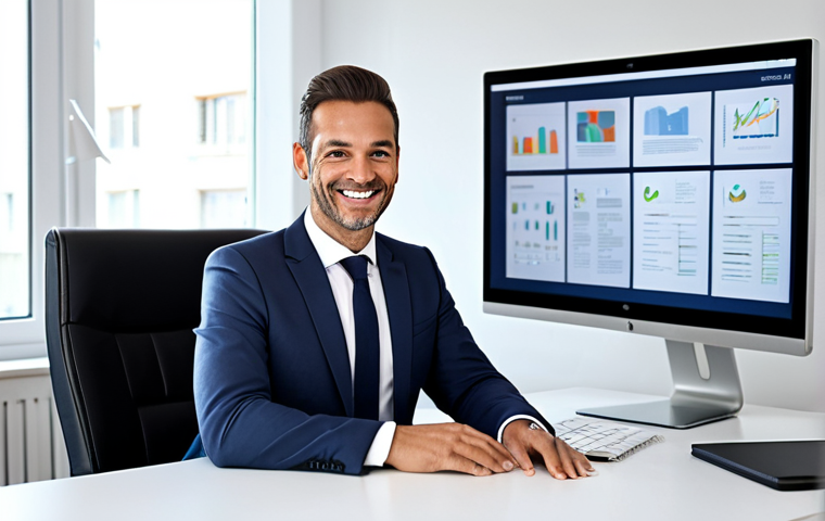 A professional French real estate agent, fully clothed in a modest business suit, seated at a sleek modern desk in a well-lit contemporary office. The agent is smiling confidently, looking towards the viewer, with a large monitor displaying a realistic virtual tour of a property and a tablet showing a secure electronic signature interface. The scene emphasizes technological proficiency and professionalism. High-resolution, sharp focus, professional photography, natural pose, perfect anatomy, correct proportions, well-formed hands, proper finger count, safe for work, appropriate content, family-friendly.