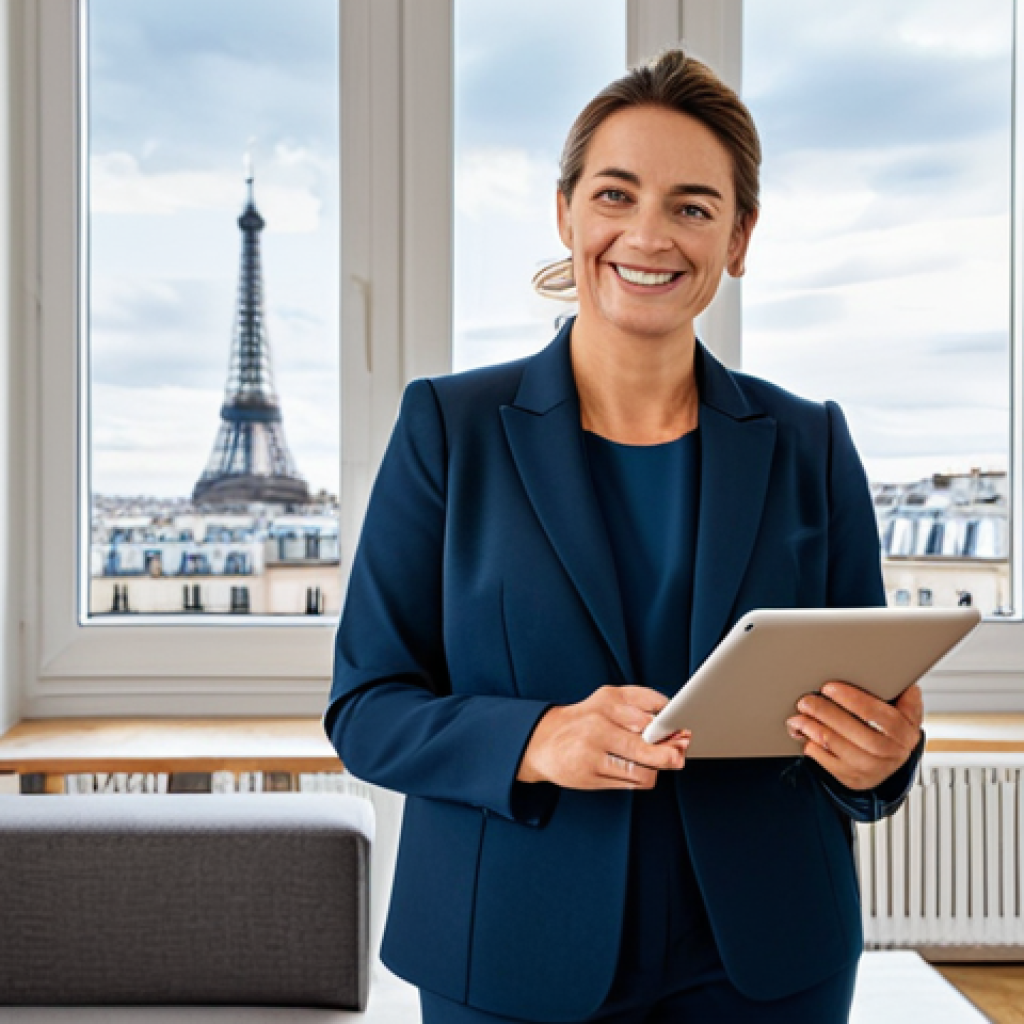 **
"A professional female real estate agent, fully clothed in a stylish business suit, stands in a modern Parisian apartment, smiling confidently. She is holding a tablet displaying floor plans. The apartment features large windows overlooking the city. Natural lighting, professional real estate photography, clean and modern aesthetic, safe for work, appropriate content, family-friendly, perfect anatomy, correct proportions, natural pose, well-formed hands, proper finger count, modest clothing, professional."
**