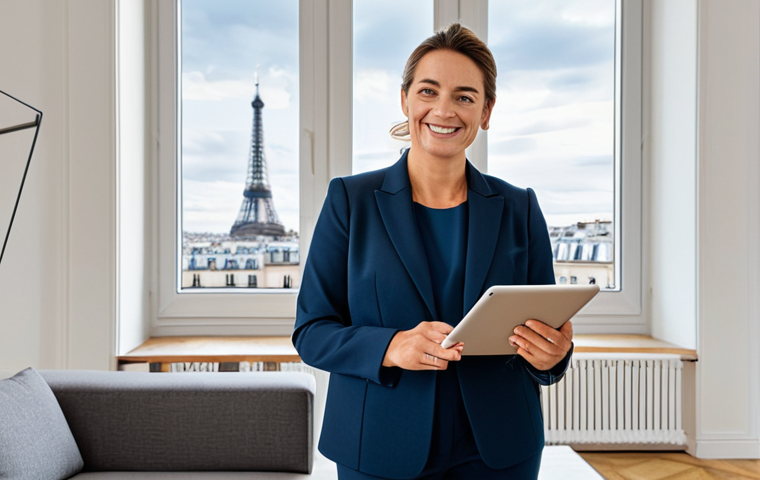 **
"A professional female real estate agent, fully clothed in a stylish business suit, stands in a modern Parisian apartment, smiling confidently. She is holding a tablet displaying floor plans. The apartment features large windows overlooking the city. Natural lighting, professional real estate photography, clean and modern aesthetic, safe for work, appropriate content, family-friendly, perfect anatomy, correct proportions, natural pose, well-formed hands, proper finger count, modest clothing, professional."
**