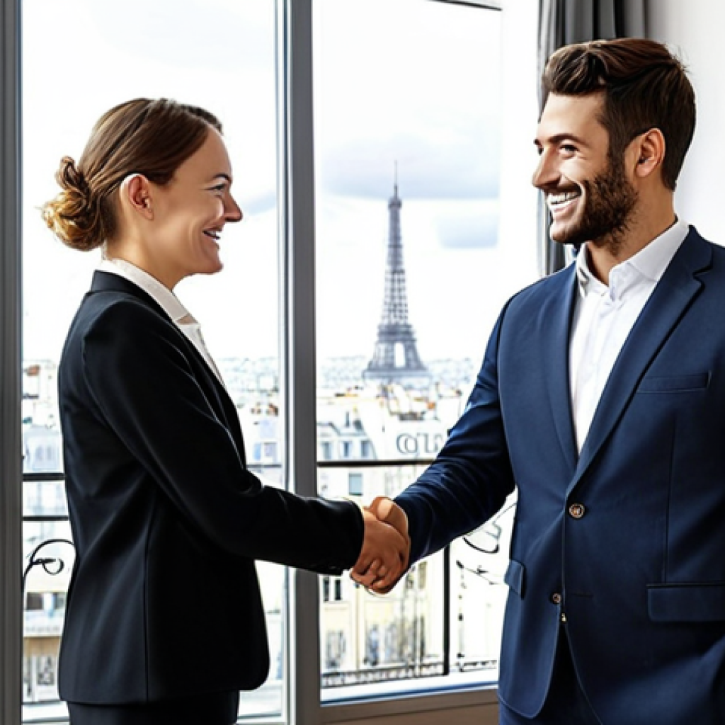 Negotiation Expertise**
"A professional real estate agent, fully clothed in a modest business suit, shaking hands with a young couple in a bright, modern apartment. The agent is smiling warmly. Background: Parisian apartment with large windows overlooking the city. Emphasis on trust and a positive atmosphere. Safe for work, appropriate content, perfect anatomy, natural proportions, well-formed hands, professional photography, high quality."
**
