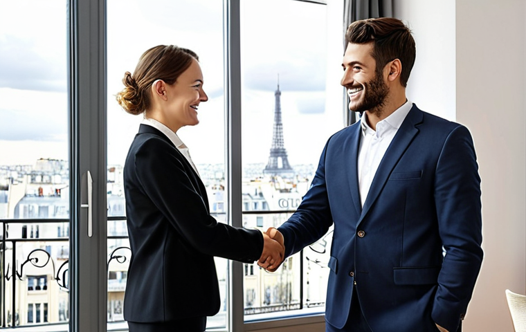 Negotiation Expertise**
"A professional real estate agent, fully clothed in a modest business suit, shaking hands with a young couple in a bright, modern apartment. The agent is smiling warmly. Background: Parisian apartment with large windows overlooking the city. Emphasis on trust and a positive atmosphere. Safe for work, appropriate content, perfect anatomy, natural proportions, well-formed hands, professional photography, high quality."
**