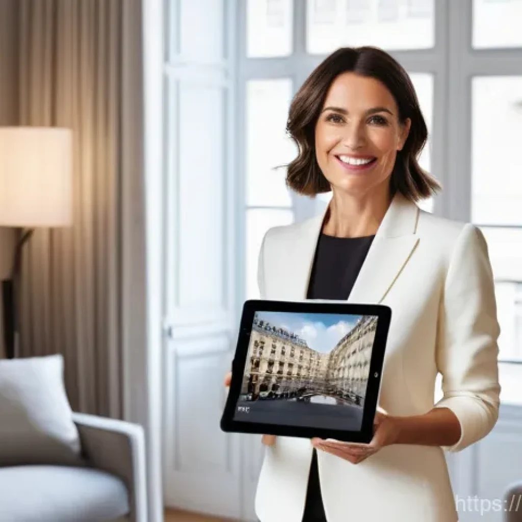 공인중개사와 최신 부동산 기술의 접목 사례 - **"A modern, well-dressed female real estate agent in her 30s-40s, wearing professional business att...