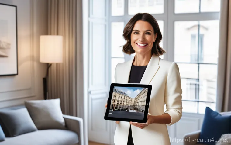 공인중개사와 최신 부동산 기술의 접목 사례 - **"A modern, well-dressed female real estate agent in her 30s-40s, wearing professional business att...