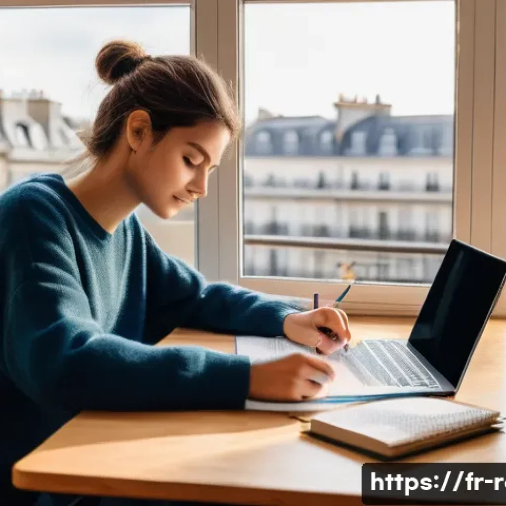 공인중개사 시험 대비 학습 스케줄 추천 - A cozy home study scene set in a modern French apartment, featuring a young adult sitting at a woode...