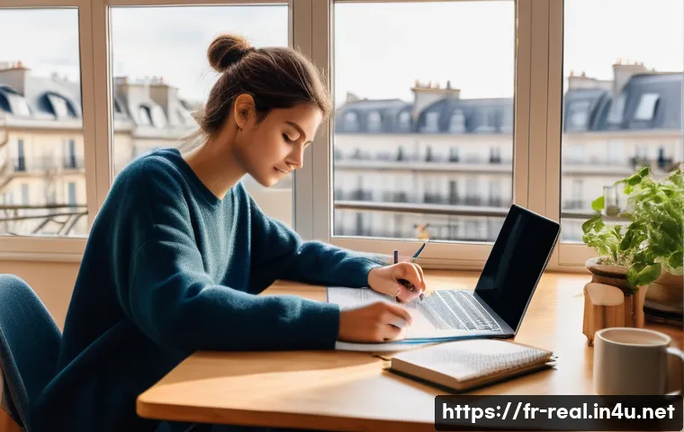 공인중개사 시험 대비 학습 스케줄 추천 - A cozy home study scene set in a modern French apartment, featuring a young adult sitting at a woode...