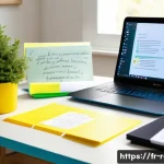 공인중개사 시험 자료 정리 방법 - A cozy study desk in a bright room, organized with neatly labeled physical folders and a modern lapt...