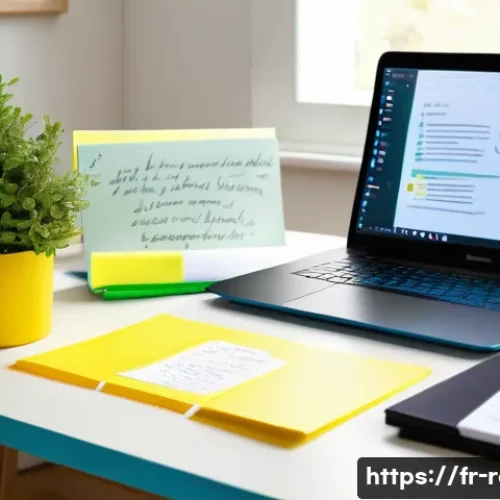 공인중개사 시험 자료 정리 방법 - A cozy study desk in a bright room, organized with neatly labeled physical folders and a modern lapt...