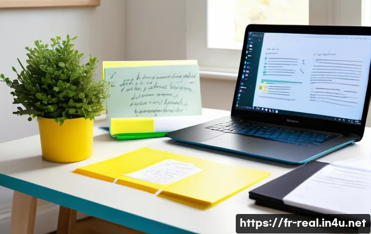 공인중개사 시험 자료 정리 방법 - A cozy study desk in a bright room, organized with neatly labeled physical folders and a modern lapt...