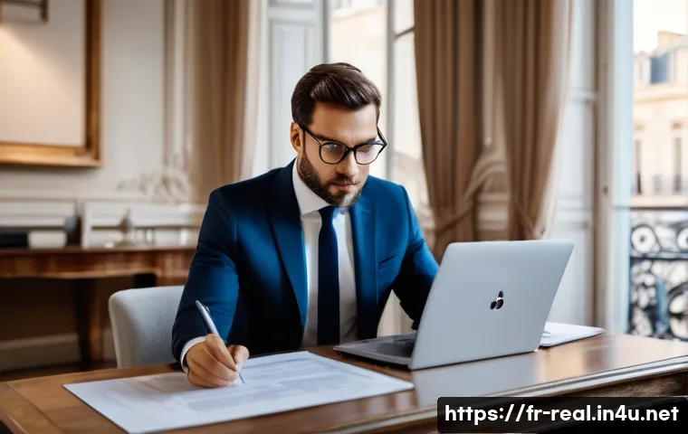 공인중개사 자격증과 관련 직종의 연결성 - A professional property manager in a modern Parisian office, wearing business attire and interacting...