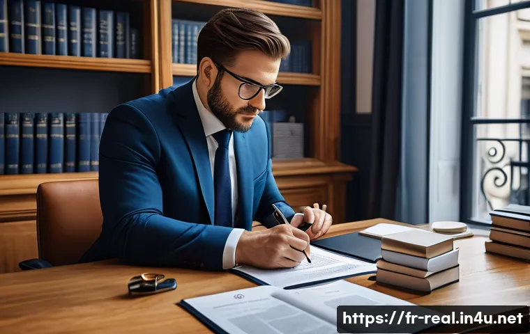 공인중개사 부동산 법률 사례 연구 - A professional real estate agent in a modern Parisian office, carefully reviewing a detailed propert...