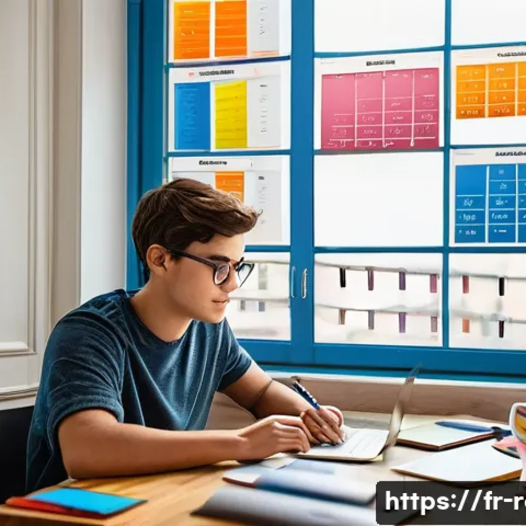 공인중개사 시험 준비와 성공적인 마무리 - A modern, cozy study room with a young adult French student sitting at a wooden desk, organizing a c...