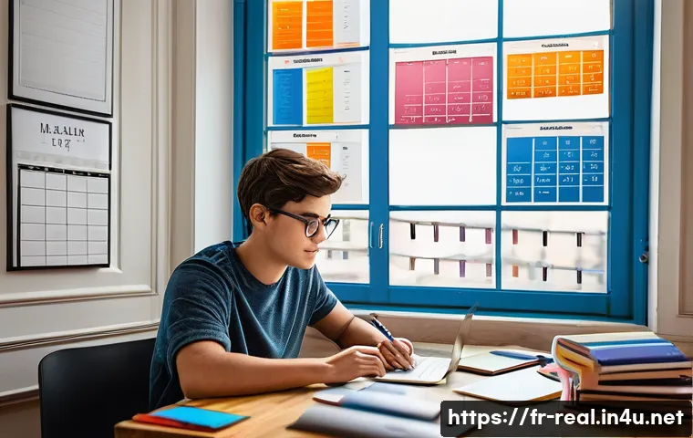 공인중개사 시험 준비와 성공적인 마무리 - A modern, cozy study room with a young adult French student sitting at a wooden desk, organizing a c...