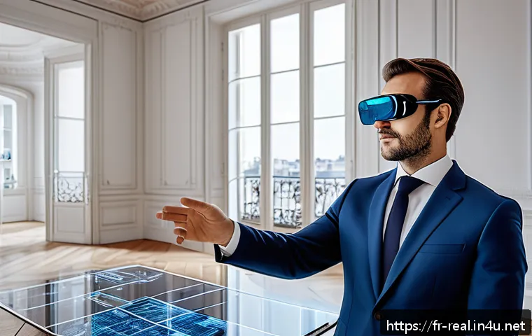 공인중개사와 부동산 정책 변화의 연계성 - A modern French real estate agent conducting a virtual property tour using augmented reality glasses...