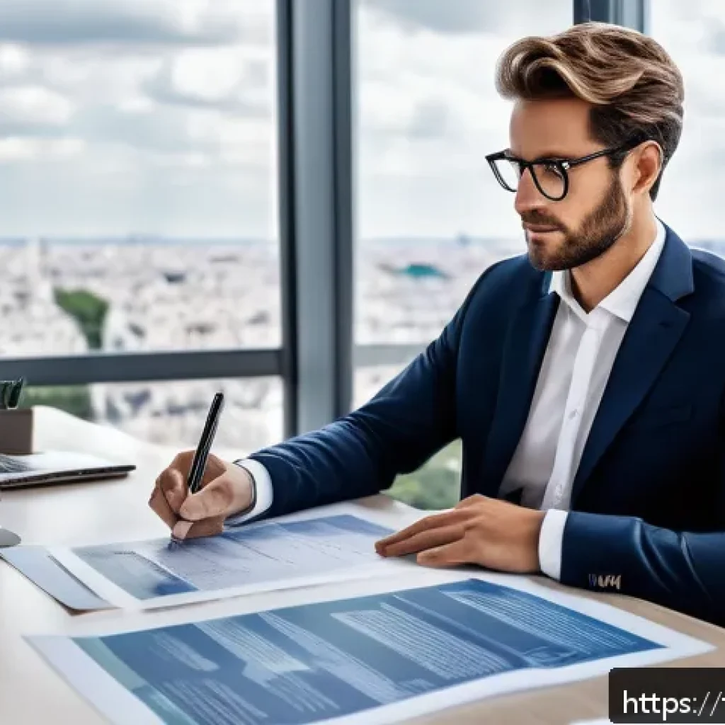 공인중개사 부동산 계약 기술 공유 - A professional French real estate agent in a modern office setting, reviewing detailed property cont...
