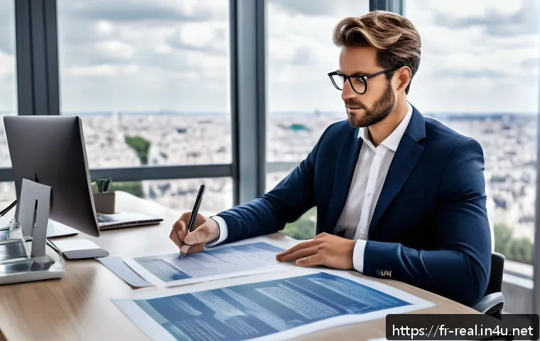 공인중개사 부동산 계약 기술 공유 - A professional French real estate agent in a modern office setting, reviewing detailed property cont...