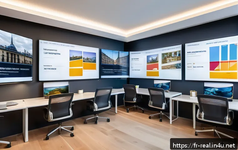 공인중개사와 부동산 스타트업 트렌드 - A modern real estate agent&rsquo;s office in Paris with large digital screens displaying AI-powered proper...
