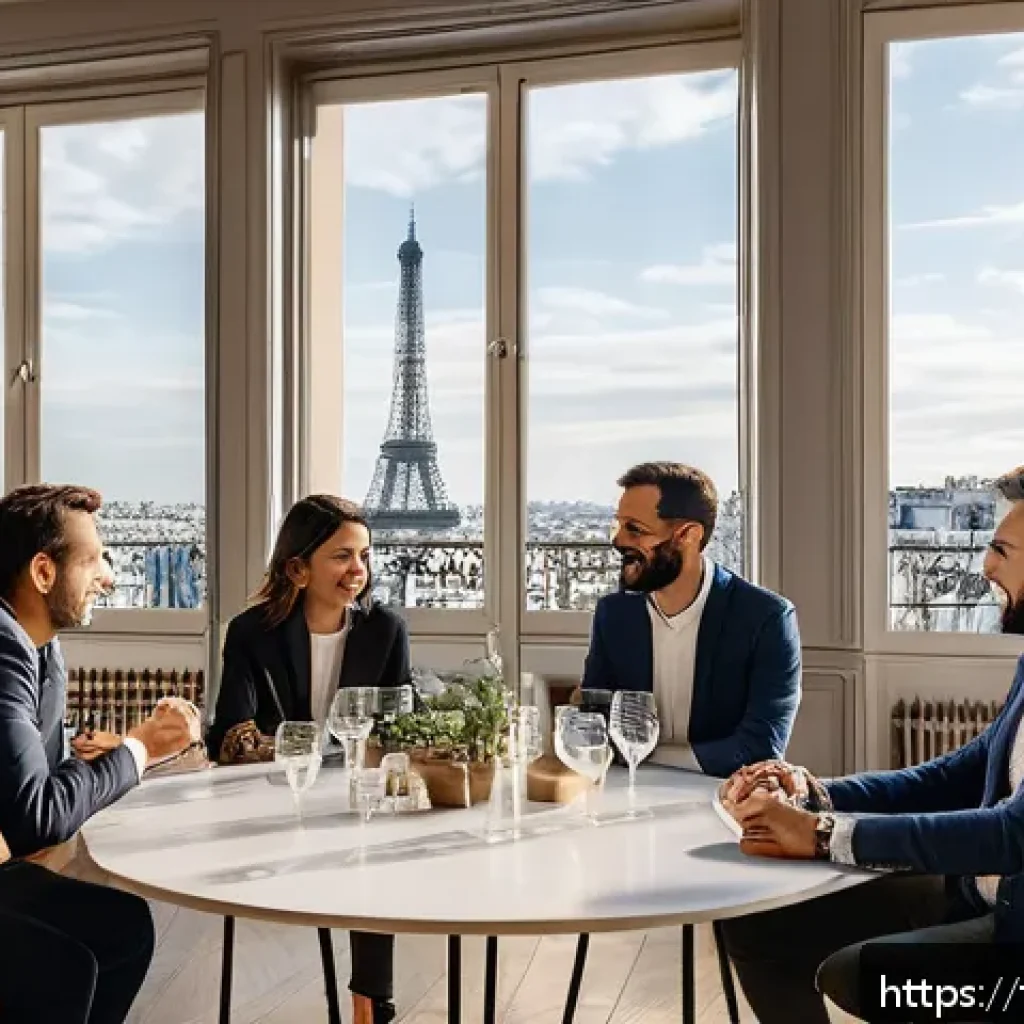 공인중개사 커뮤니티 활용법 - A professional real estate networking event in a modern Parisian co-working space, featuring diverse...