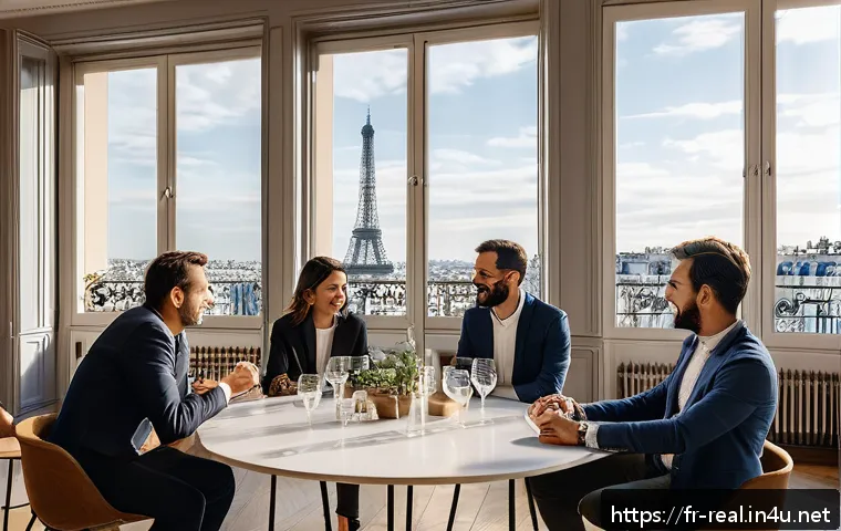 공인중개사 커뮤니티 활용법 - A professional real estate networking event in a modern Parisian co-working space, featuring diverse...