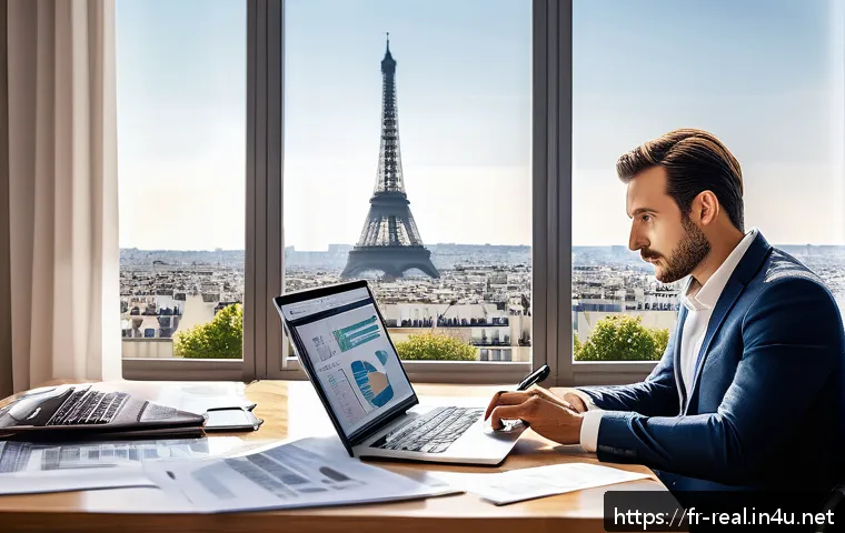 공인중개사 초보자 가이드 - A professional French real estate investor in a modern office, surrounded by documents and a laptop ...