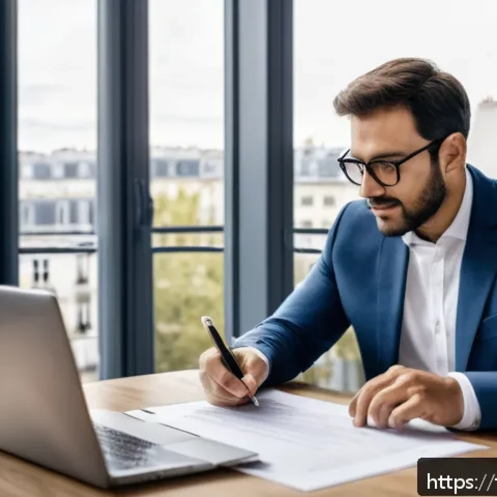 공인중개사 부동산 관련 분쟁 해결법 - A professional real estate agent and a client sitting at a modern office desk in Paris, both reviewi...