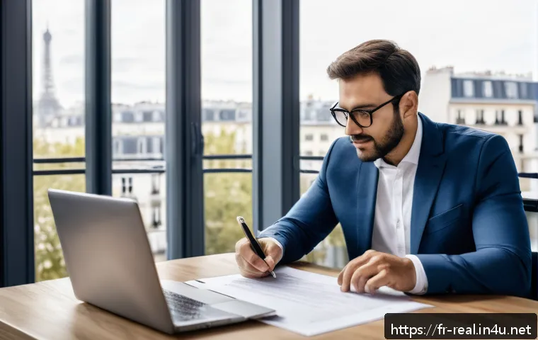 공인중개사 부동산 관련 분쟁 해결법 - A professional real estate agent and a client sitting at a modern office desk in Paris, both reviewi...