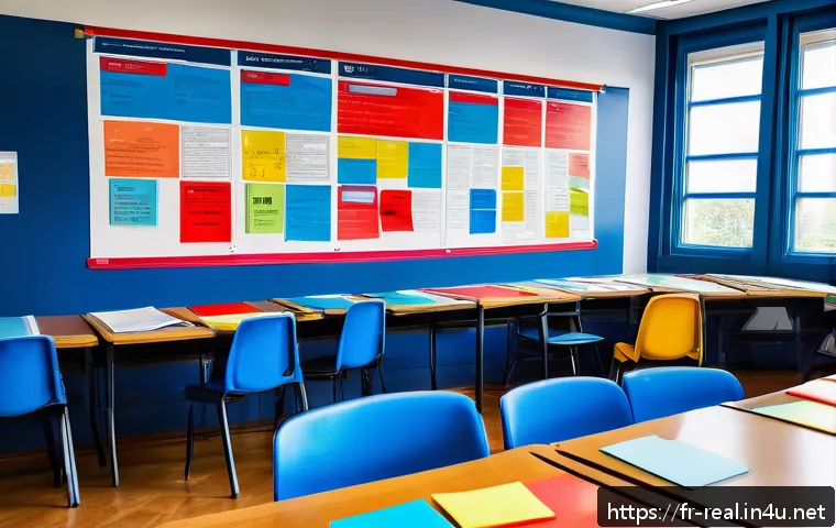 공인중개사 시험 준비를 위한 포스터 활용 - A bright and colorful study environment featuring a large, well-organized educational poster mounted...