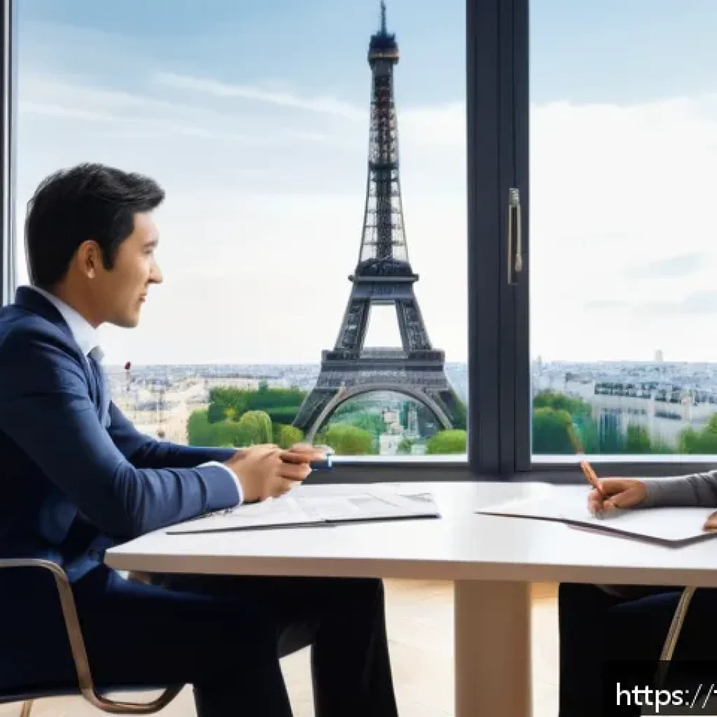 공인중개사와 부동산 국제 시장 연결성 - A sophisticated international real estate agent consulting with diverse clients in a modern Parisian...
