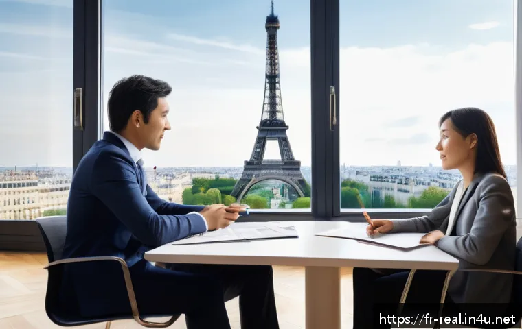 공인중개사와 부동산 국제 시장 연결성 - A sophisticated international real estate agent consulting with diverse clients in a modern Parisian...