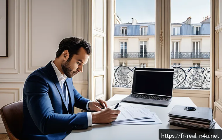 공인중개사 시험 후 부동산 사업 시작하기 - A professional real estate agent&rsquo;s office in a modern Parisian apartment, featuring a well-organized...