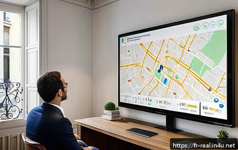 공인중개사 현장 실무 사례 - A detailed, vibrant real estate agent&rsquo;s office scene in Paris, showcasing a large digital map of Par...