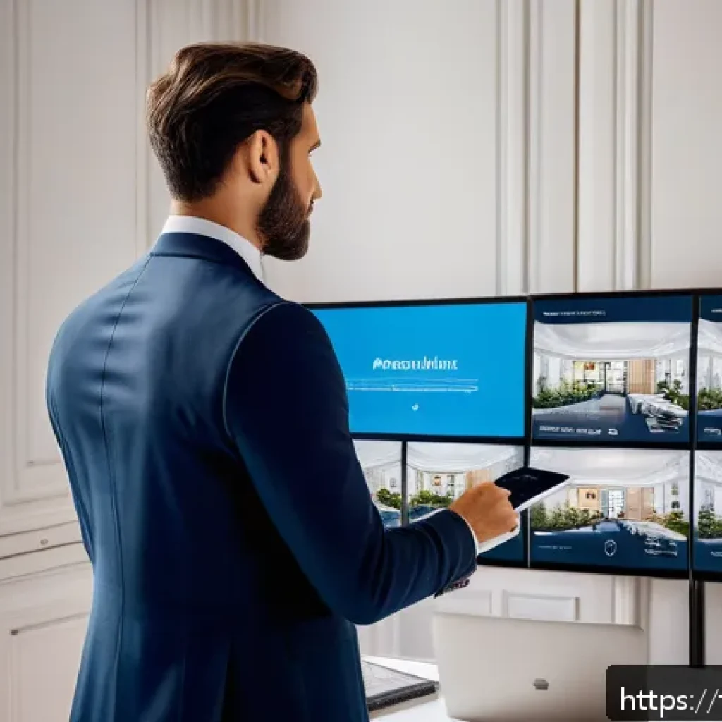 공인중개사 자격증의 장래성 평가 - A modern French real estate agent using advanced digital tools in a stylish Parisian office, surroun...
