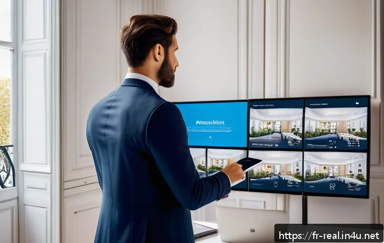 공인중개사 자격증의 장래성 평가 - A modern French real estate agent using advanced digital tools in a stylish Parisian office, surroun...