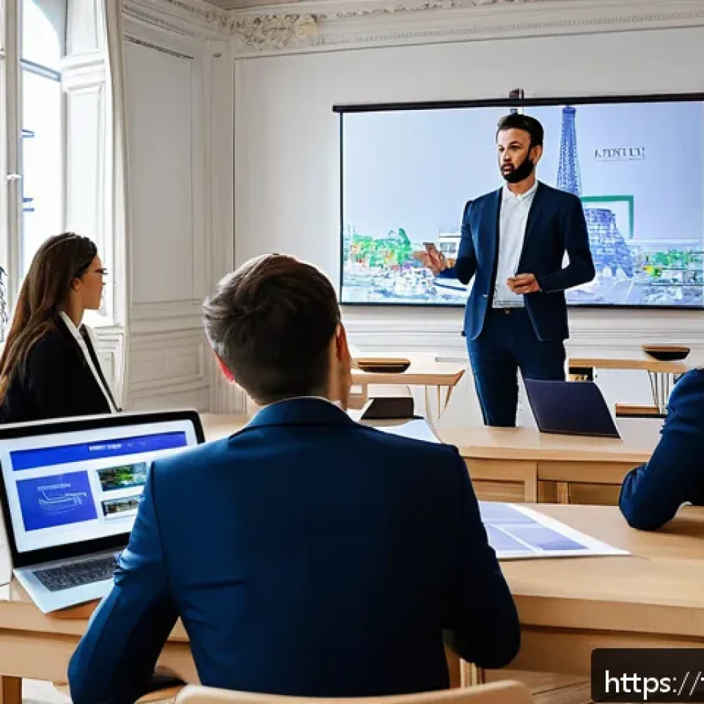 공인중개사 자격증 취득 후 경력 전환 성공 사례 - A professional French real estate training classroom scene in Paris, showing diverse adult students ...