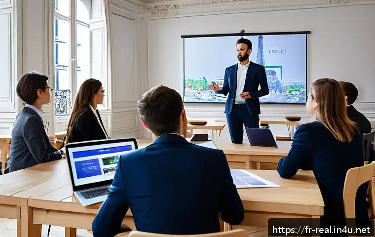 공인중개사 자격증 취득 후 경력 전환 성공 사례 - A professional French real estate training classroom scene in Paris, showing diverse adult students ...