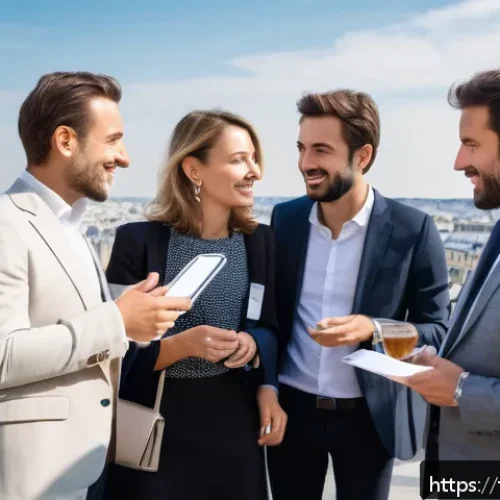 공인중개사 자격증 취득 후 네트워킹 요령 - A professional real estate networking event in Paris, featuring diverse French real estate agents, i...