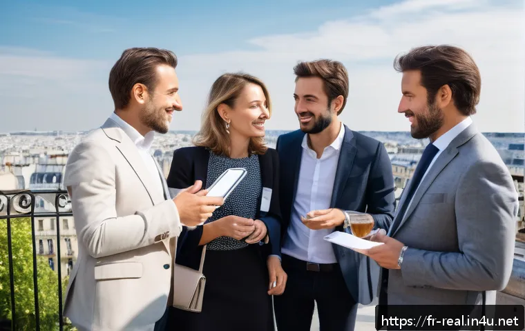 공인중개사 자격증 취득 후 네트워킹 요령 - A professional real estate networking event in Paris, featuring diverse French real estate agents, i...