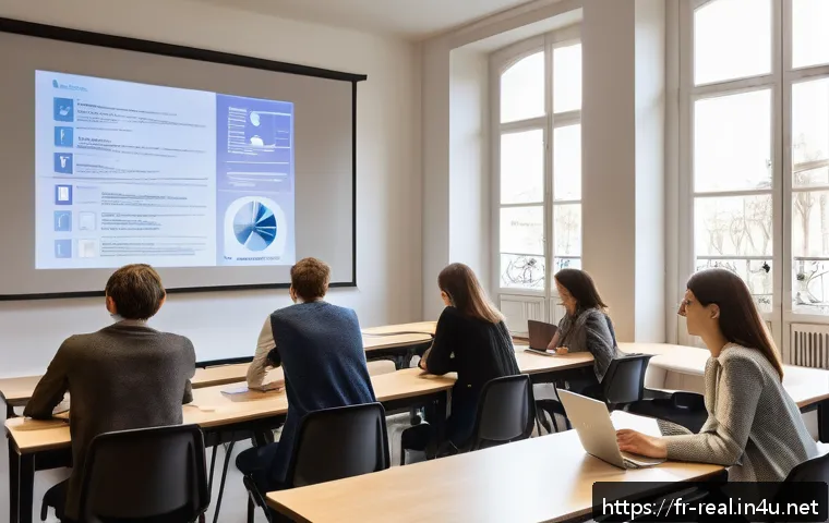 공인중개사 시험 난이도 변화 - A modern, bright classroom setting in France with diverse adult students attentively participating i...