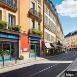 공인중개사 업무 사례 분석 - A modern urban apartment exterior located in the bustling center of Lyon, France, showcasing proximi...