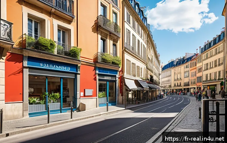 공인중개사 업무 사례 분석 - A modern urban apartment exterior located in the bustling center of Lyon, France, showcasing proximi...