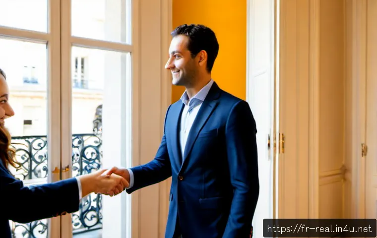 공인중개사로 성공한 사람들의 특징 - Photorealistic French real estate professional in a tailored navy blazer warmly greeting a couple at...