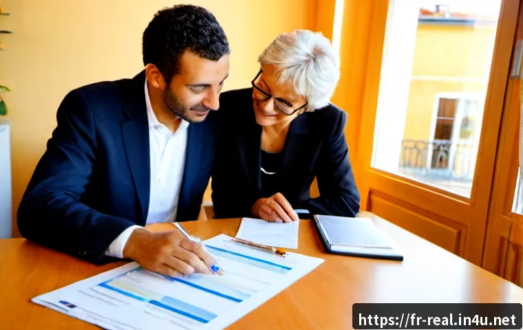 공인중개사 자격증 취득 후 사회적 가치 창출 사례 - Photorealistic French real estate professional helping an elderly couple review a home purchase plan...