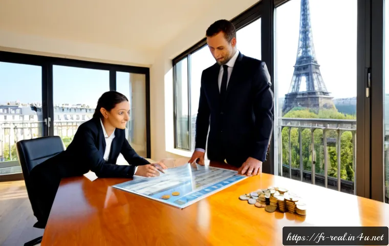 공인중개사 자격증 활용 부동산 사업 확장 - Photorealistic French real estate professional in a tailored business suit reviewing a residential p...