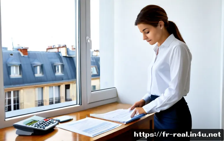 공인중개사 자격증 관련 최신 법률 - Photorealistic French real estate professional studying recent property regulation updates at a brig...
